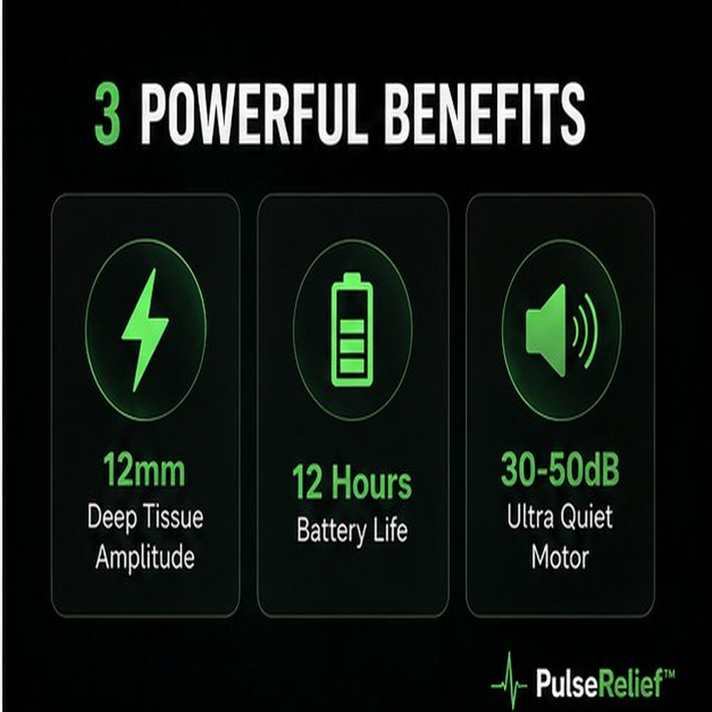 PulseRelief™ Pro Massage Gun — 12H Battery, 12mm Deep Tissue, 8 Professional Heads