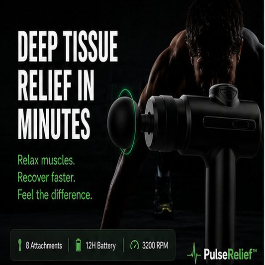 PulseRelief™ Pro Massage Gun — 12H Battery, 12mm Deep Tissue, 8 Professional Heads