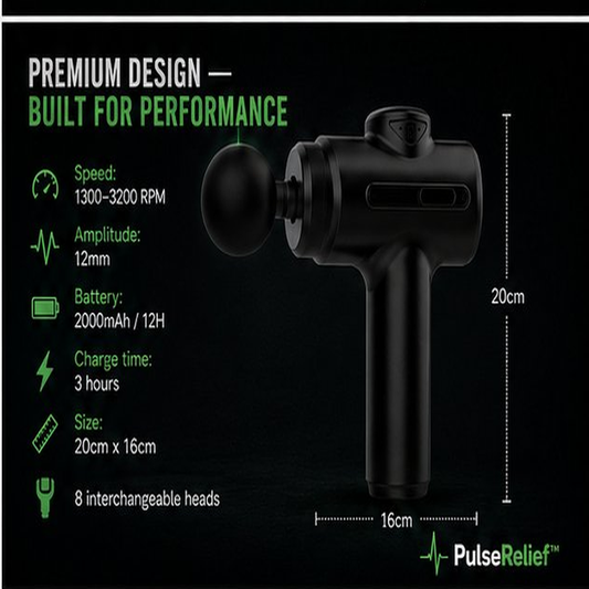 PulseRelief™ Pro Massage Gun — 12H Battery, 12mm Deep Tissue, 8 Professional Heads